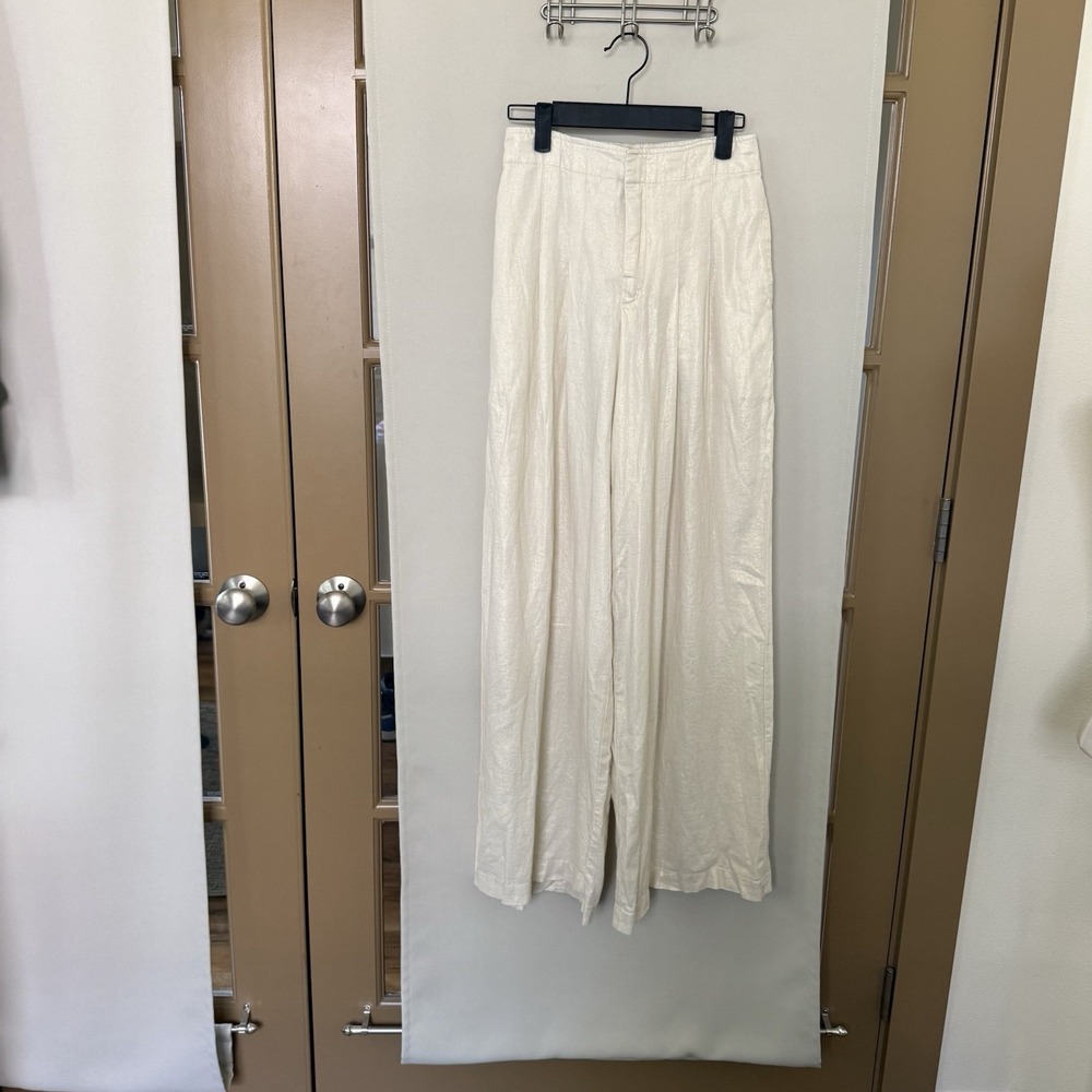 House Of Harlow 1960 Womens XS Cream White Metallic Linen Blend Wide Leg Pants